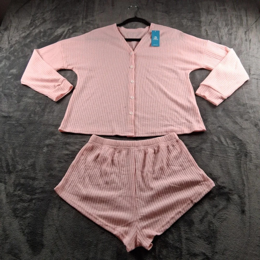 NWT Cupshe Pajama Set Womens Medium Pink Ribbed Cardigan and Shorts Loungewear